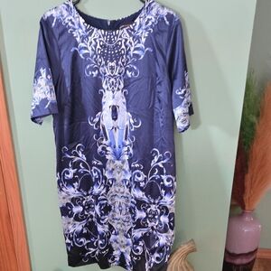 Dana Buchman Navy and White Satin Floral Dress